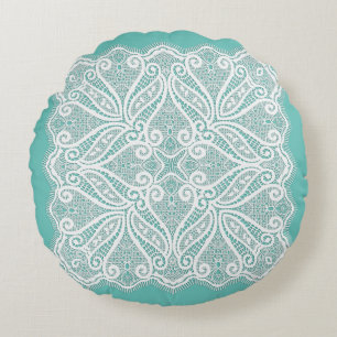 Kant doily blauwgroen wit ouderwets rond kussen