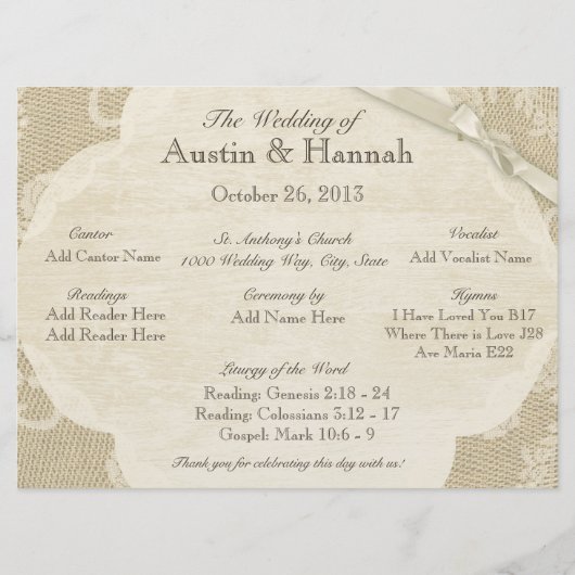  Kant en Burlap Huwelijksprogramma Kaart (Voorkant)