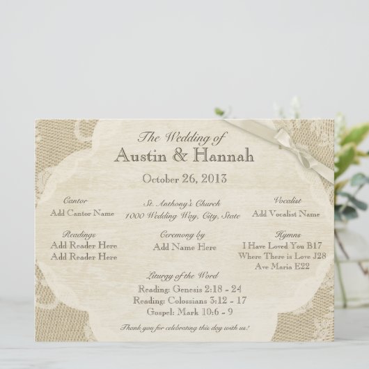  Kant en Burlap Huwelijksprogramma Kaart (Staand voorkant)