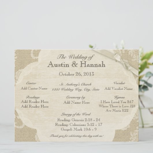 Kant en Burlap Huwelijksprogramma Kaart (Staand voorkant)