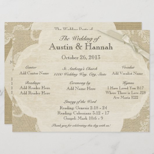 Kant en Burlap Huwelijksprogramma Kaart (Voorkant / Achterkant)