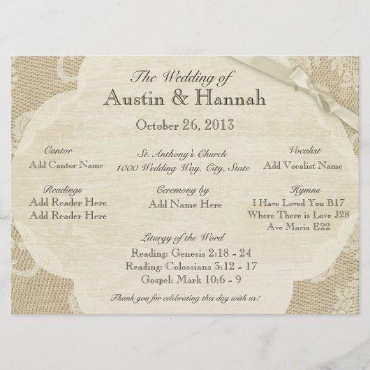 Kant en Burlap Huwelijksprogramma Kaart (Voorkant)