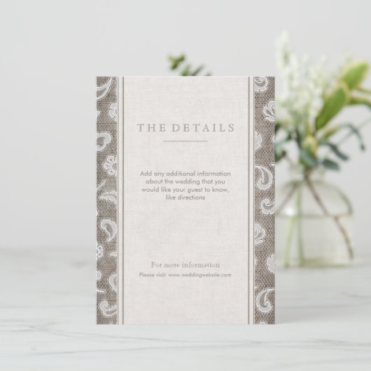 Kant en burlap rustiek land bruiloft detail kaart (Staand voorkant)