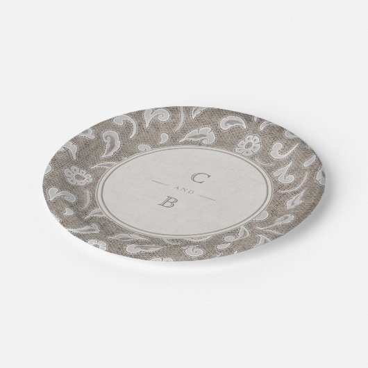 Kant en burlap rustiek land bruiloft monogram papieren bordje (Gekanteld)