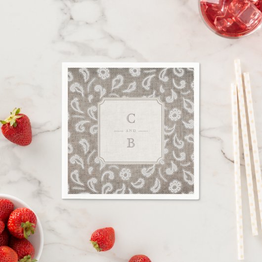 Kant en burlap rustiek land bruiloft monogram servetten (Insitu)