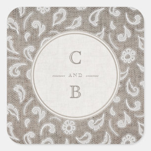 Kant en burlap rustiek land bruiloft monogram vierkante sticker