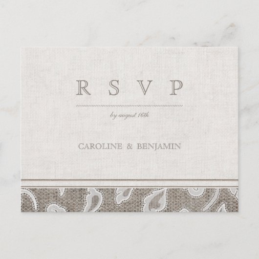 Kant en burlap rustiek land bruiloft RSVP Uitnodiging Briefkaart (Voorkant)