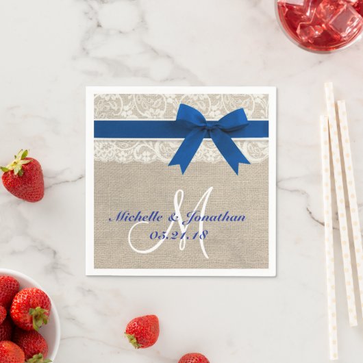 Kant en Burlap Rustieke bruiloft Servet Royal Blue (Insitu)