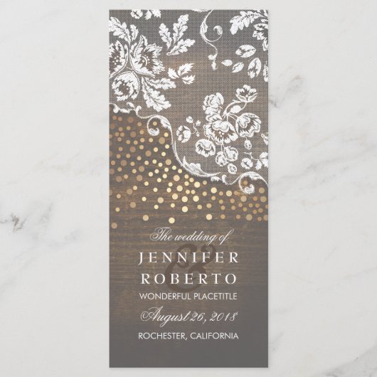 Kant en hout Goud Confetti Rustiek Trouwprogramma Programma (Voorkant)