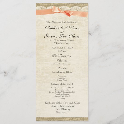 kant en koraal boog bruiloft programma (Voorkant)