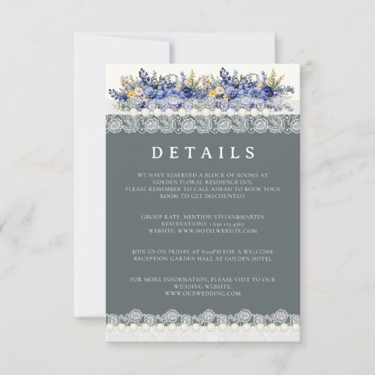 Kant en parels Bloemen bruiloft details Kaart (Voorkant)