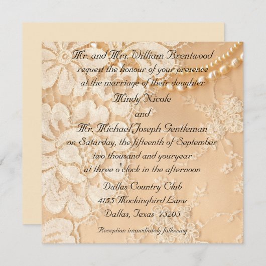 Kant en parels bruiloft kaart (Voorkant / Achterkant)