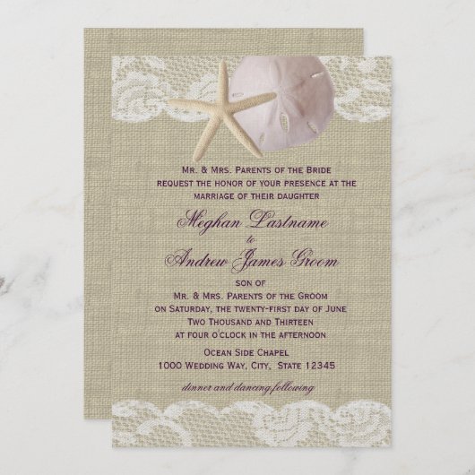 Kant en Zand Dollar Strand bruiloft Kaart (Voorkant / Achterkant)