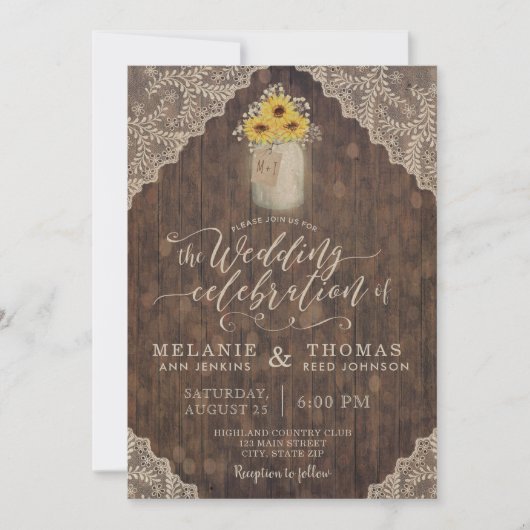  kant en zonnebloemen bruiloft uitnodigingen (Voorkant)