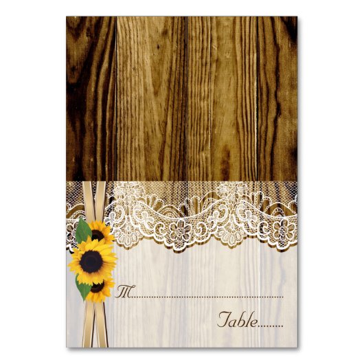 Kant en zonnebloemen op houten trouwkaart kaart (Voorkant)