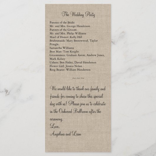 Kant in het zwart op Burlap Wedding Program Programma (Achterkant)