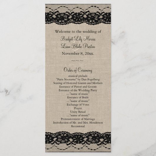 Kant in het zwart op Burlap Wedding Program Programma (Voorkant)