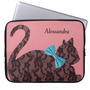 Kant Kat Silhouet gepersonaliseerd roze Laptop Sleeve