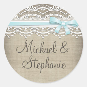 kant & linnen rustieke elegantie bruiloft ronde sticker