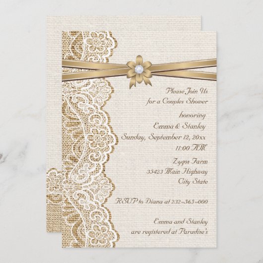 Kant lint bloem & jute bruiloft koppels douche kaart (Voorkant / Achterkant)