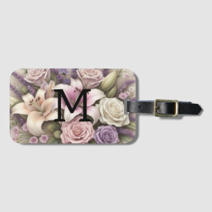 Kant met monogram bloemendecor paarse rozen lavend bagagelabel