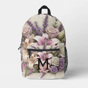 Kant met monogram bloemendecor paarse rozen lavend bedrukte rugzak