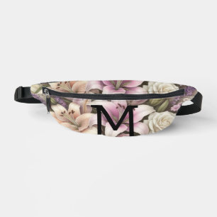 Kant met monogram bloemendecor paarse rozen lavend heuptasje