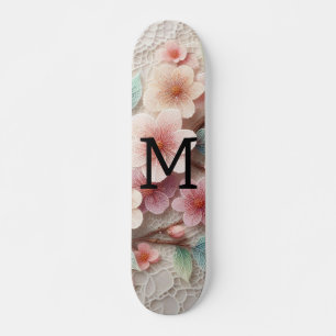 Kant met monogram bloemig roze pastel kersenbloese skateboard