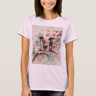Kant met monogram bloemig roze pastel kersenbloese t-shirt