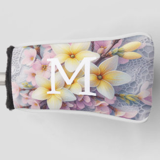 Kant met monogram roze en gele lente bloemen golfheadcover