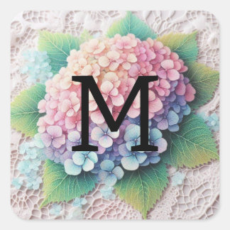 Kant met monogram roze paarse hortensia bloemen vierkante sticker