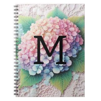 Kant met monogram roze paarse hydrangeabloemen notitieboek