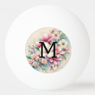 Kant met monogram roze paarse magnolia bloemen pingpongballen