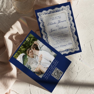 Kant Royale Blauwe Oude Geld Foto QR Code Huwelijk Kaart