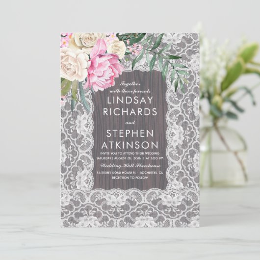 kant Rustiek Hout Roze Crème Bloemen Huwelijk Kaart (Staand voorkant)