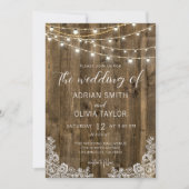 Kant & Rustieke String Lights Hout Bruiloft Kaart (Voorkant)