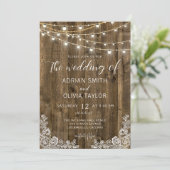 Kant & Rustieke String Lights Hout Bruiloft Kaart (Staand voorkant)