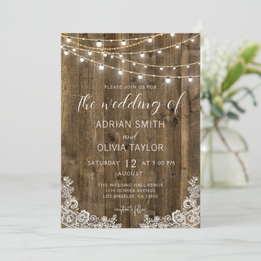 Kant & Rustieke String Lights Hout Bruiloft Kaart (Staand voorkant)