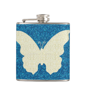 Kant vlinder op blauwe glitter fles heupfles