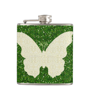 Kant vlinder op groene glitter fles heupfles