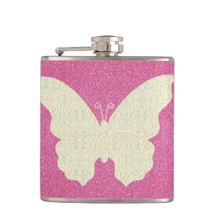 Kant vlinder op roze glitter fles heupfles