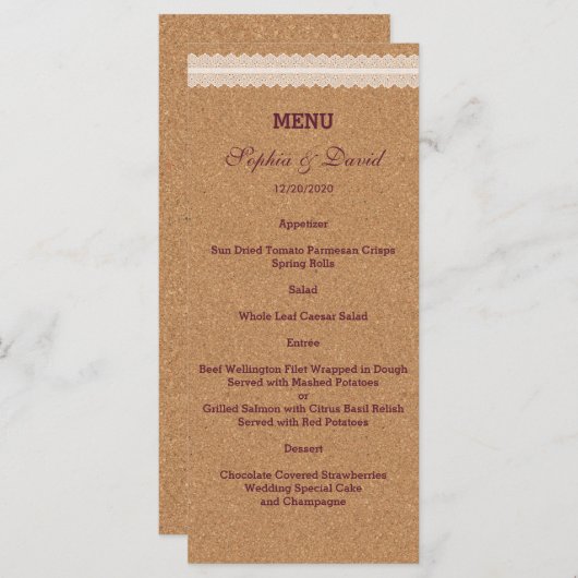  kant Wijn Cork Wedding Menu (Voorkant / Achterkant)