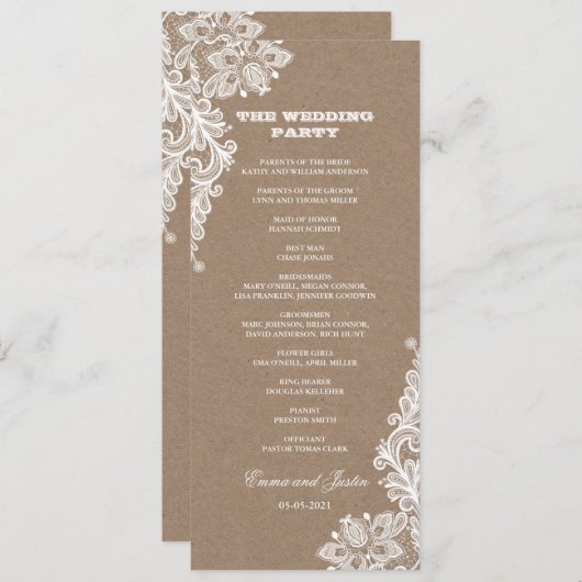  Kant Wit & Kraft Rustieke Bruiloft Programma (Voorkant / Achterkant)