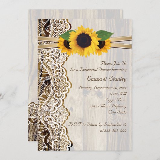 Kant & zonnebloemen op hout bruiloft repetitie din kaart (Voorkant / Achterkant)