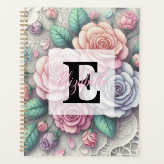 Kantbloem in roze paars blauwe rozen met monogram planner