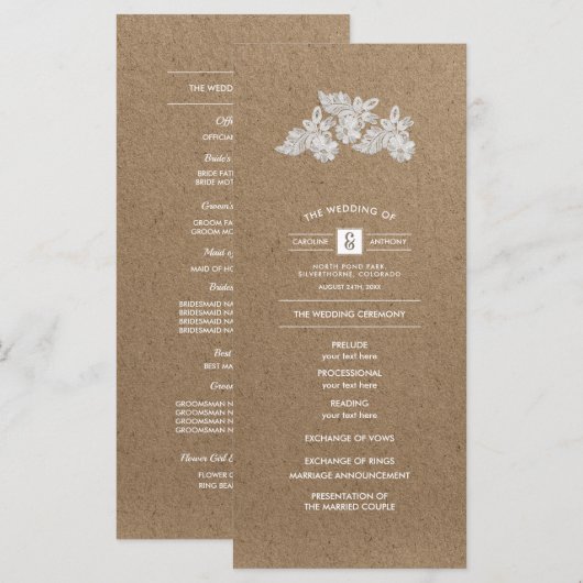 Kantbloemen | Kraftpapier Huwelijksprogramma's Programma (Voorkant / Achterkant)