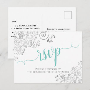 Kanten aqua kalligrafie op witte trouw-RSVP Briefkaart