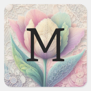 Kanten bloemmotief roze paars blauwe tulp bloem vierkante sticker