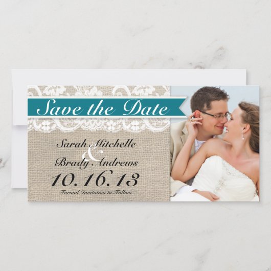 Kanten en Jute Uitzicht Save the Date -Turquoise (Voorkant)