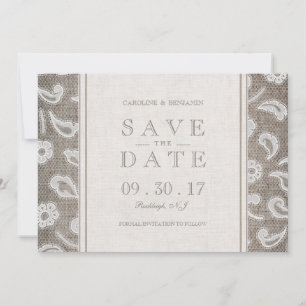Kanten jute rustieke landelijke trouwdatum save th the date
